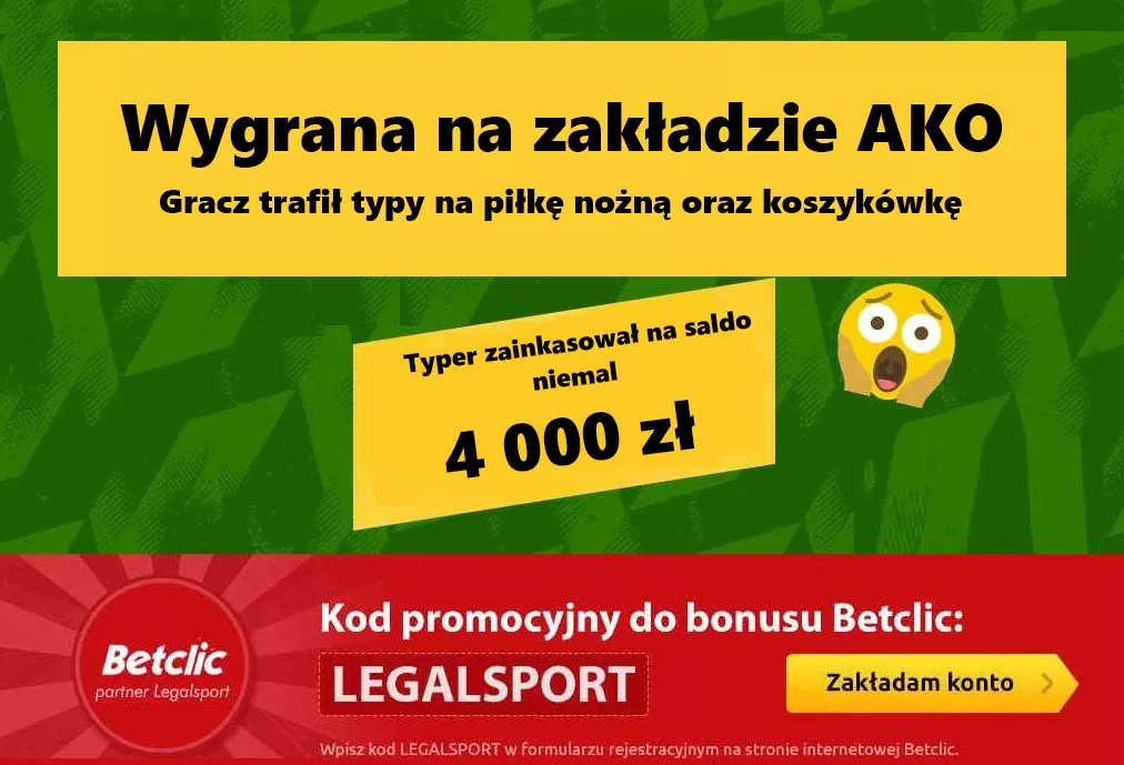 Bukmacher Betclic wypłacił graczowi niemal 4 tysiące złotych za trafiony kupon AKO (double: 2 typy)