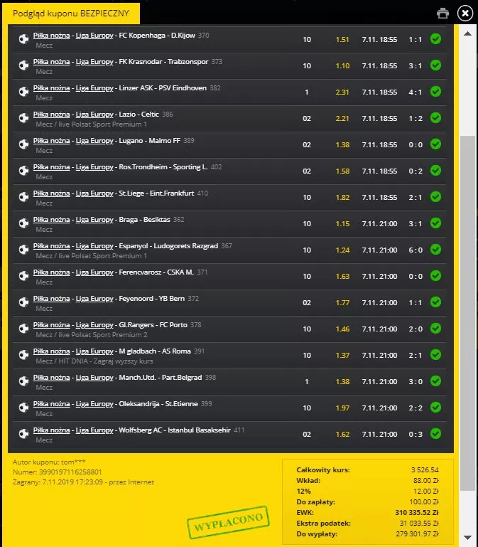 Typer zgarnął ponad 300 tysięcy złotych na jedynym kuponie. W sumie wygrał prawie 4 miliony