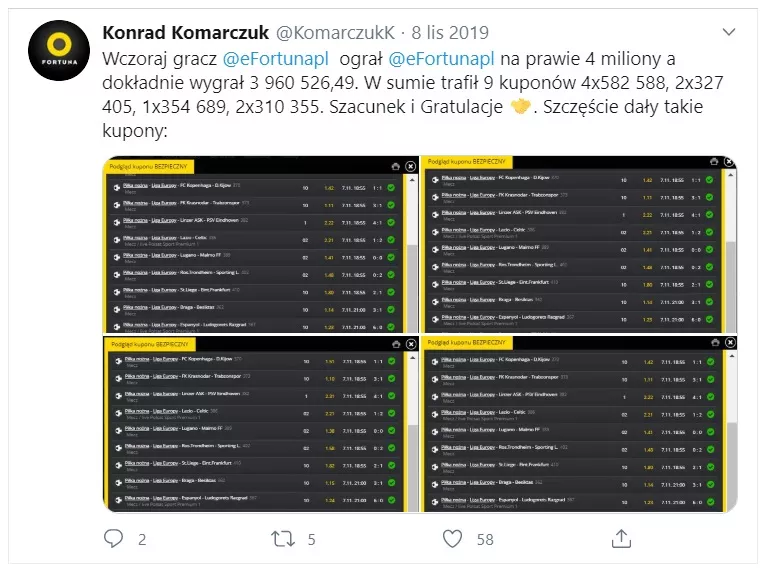 Konrad Komarczuk poinformował o wysokiej wygranej w Fortunie za pośrednictwem Twittera