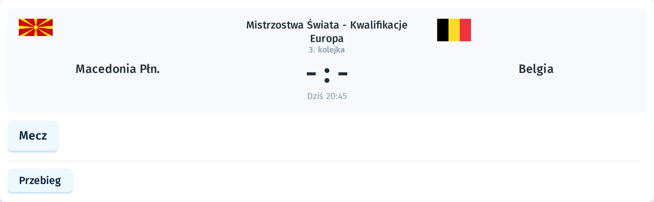 Przebieg Macedonia Północna - Belgia